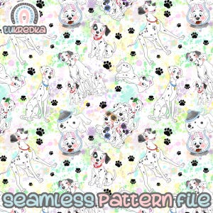 May include: Seamless pattern featuring cartoon Dalmatian dogs with black spots, paw prints, and colorful paint splatters. The design includes the text "tukredka" and "seamless Pattern file". The dogs are in various poses, some wearing accessories.