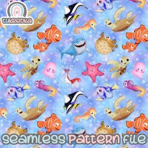 May include: Seamless pattern featuring cartoon sea creatures like clownfish, sharks, turtles, and starfish on a light blue background. The pattern includes the text "seamless Pattern file".