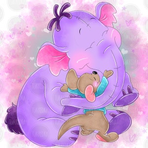 Puede incluir: Un elefante morado con orejas rosas está abrazando a un canguro marrón que lleva una camisa azul. El fondo es un lavado de acuarela rosa con corazones y estrellas blancas.