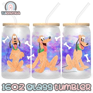 May include: Three 16oz glass tumblers with a straw, featuring a cartoon image of Pluto the dog against a purple and blue watercolor background. The tumblers have a wooden lid.