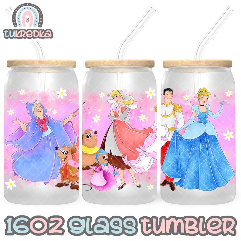 May include: Three 16oz glass tumblers with straw lids and straws. The tumblers feature different Disney princess characters: Cinderella, Sleeping Beauty, and Cinderella. Each tumbler has a pink background with white flowers and a white rim.