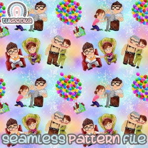 May include: A seamless pattern featuring a cartoon couple, a house, and balloons. The couple is depicted in various poses, including sitting on a chair, holding hands, and looking at each other. The house is a small, yellow house with a red roof. The balloons are colorful and are floating in the air. The background is a light blue with a white glitter effect.