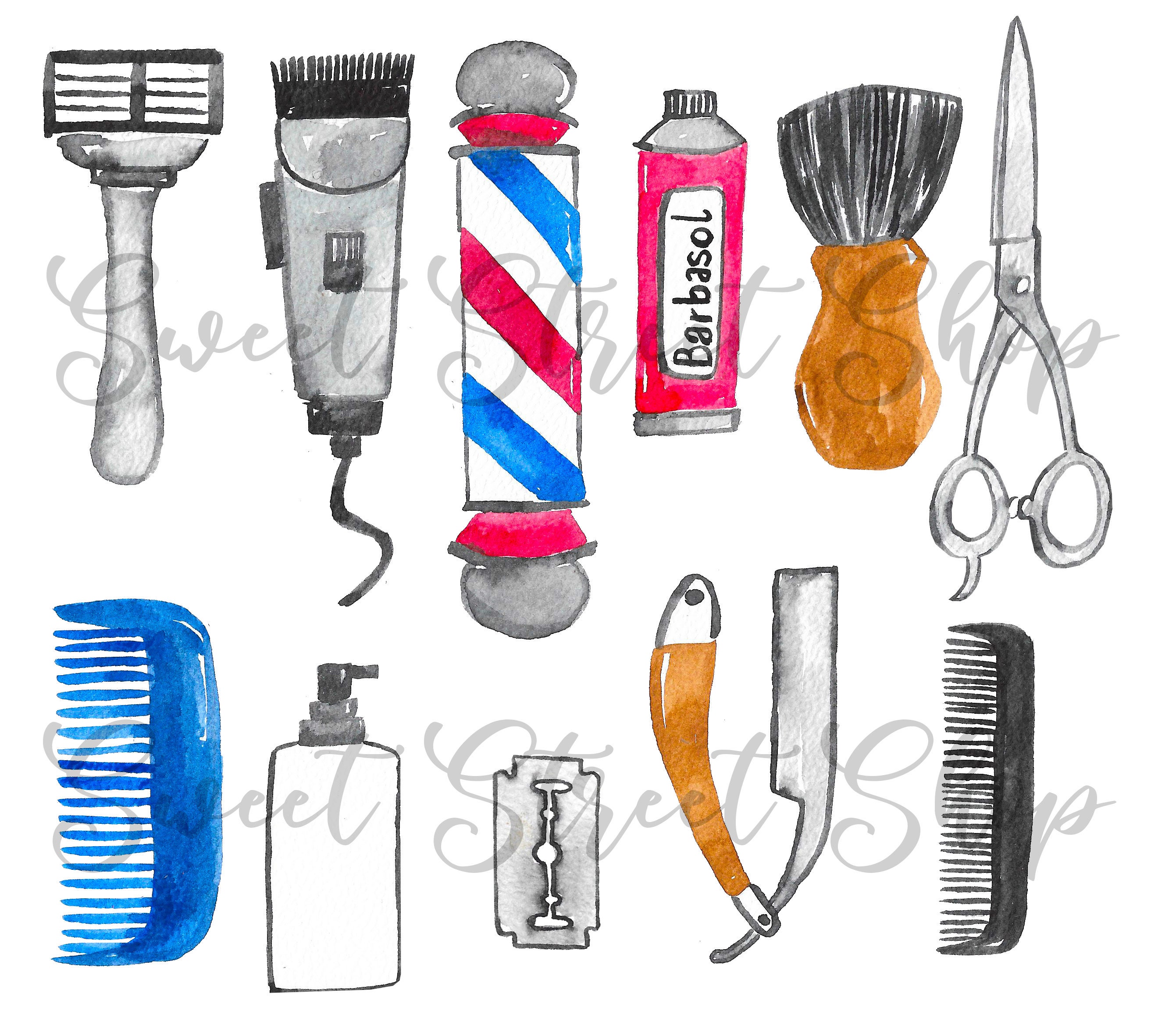 Barber Shop Clip Art Hair Salon Clipart Watercolor Handpainted Digital