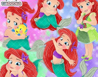 Set of Baby Toddler Princess Ariel Clip art, The Little Mermaid PNG Clip art, Cartoon Sublimation PNG Cartoon Art for Scrapbooking & Crafts