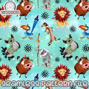 May include: A seamless pattern featuring various cartoon characters from the Lion King movie, including Simba, Pumbaa, Timon, and Zazu. The background is a light blue with a sparkle effect. The pattern is perfect for fabric, wallpaper, or other creative projects.