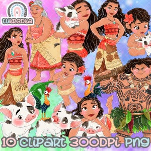 Conjunto de imágenes prediseñadas de sublimación PNG de la princesa Moana Maui HeiHei, imágenes prediseñadas de Moana, dibujos animados PNG de sublimación