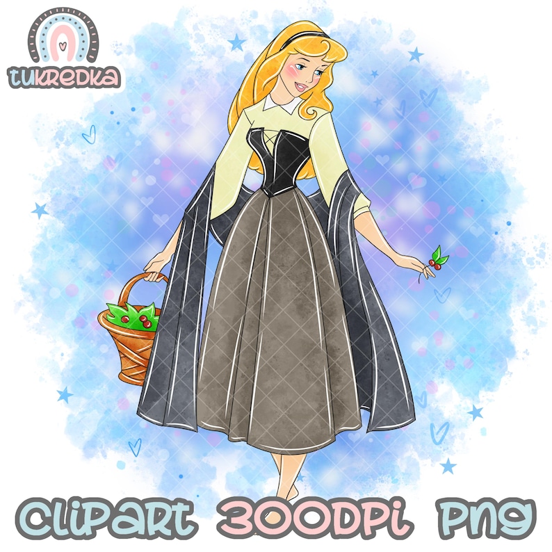 May include: A digital illustration of a princess in a yellow and black dress holding a basket of berries. The background is a blue watercolour wash with stars and hearts.