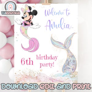 Birthday Welcome Sign Editable Minnie Mermaid, Mickey Mouse and Friends Birthday Rainbow Party, Kids Carte Instant Download M003