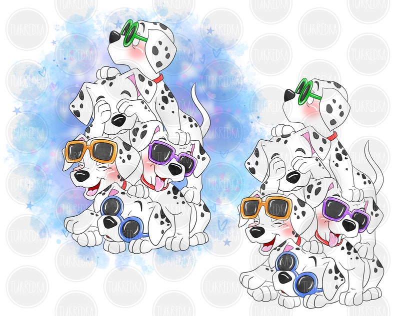 May include: A stack of four Dalmatian puppies wearing colourful sunglasses against a blue watercolour background. The puppies are stacked on top of each other, with the largest puppy at the bottom and the smallest puppy at the top. The puppies are all looking up and smiling.