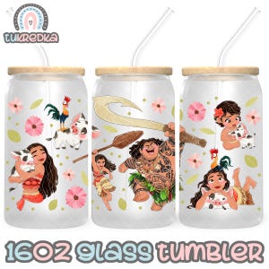 Principessa Moana Maui Heihei Cup PNG File DOWNLOAD DIGITALE Design del bicchiere in vetro da 16 once, involucro per tazza Libby da 16 once