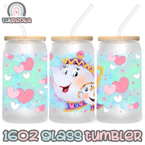 Mrs Teapots & Chip Beauty And The Beast Cup PNG-Datei DIGITAL DOWNLOAD 16oz Glasbecher-Design, 16oz Libby Cup Wrap