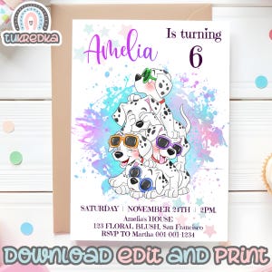 Birthday Invitation Editable 101 Dalmatians Dog, Birthday Rainbow Party, Kids Carte Invite Instant Download D001