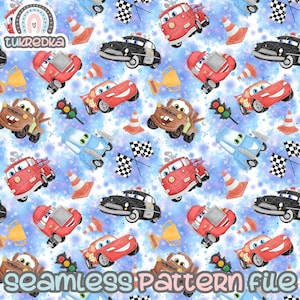May include: A seamless pattern with cartoon cars, traffic cones, checkered flags, and trophies on a light blue background. The cars are in red, brown, black, and blue. Ideal for children's products, the design is playful and colourful.