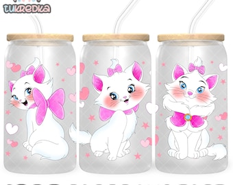 Archivo PNG de taza de gatito de Los Aristogatos, descarga digital, diseño de vaso de vidrio de 16 oz, envoltura de taza Libby de 16 oz