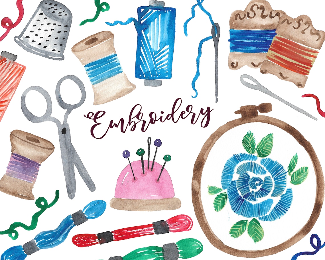 Embroidery Clipart Watercolor Handpainted Digital Clipart - Etsy