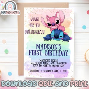 Birthday Invitation Editable Stitch Angel, Birthday Rainbow Party, Kids Carte Invite Instant Download STI01