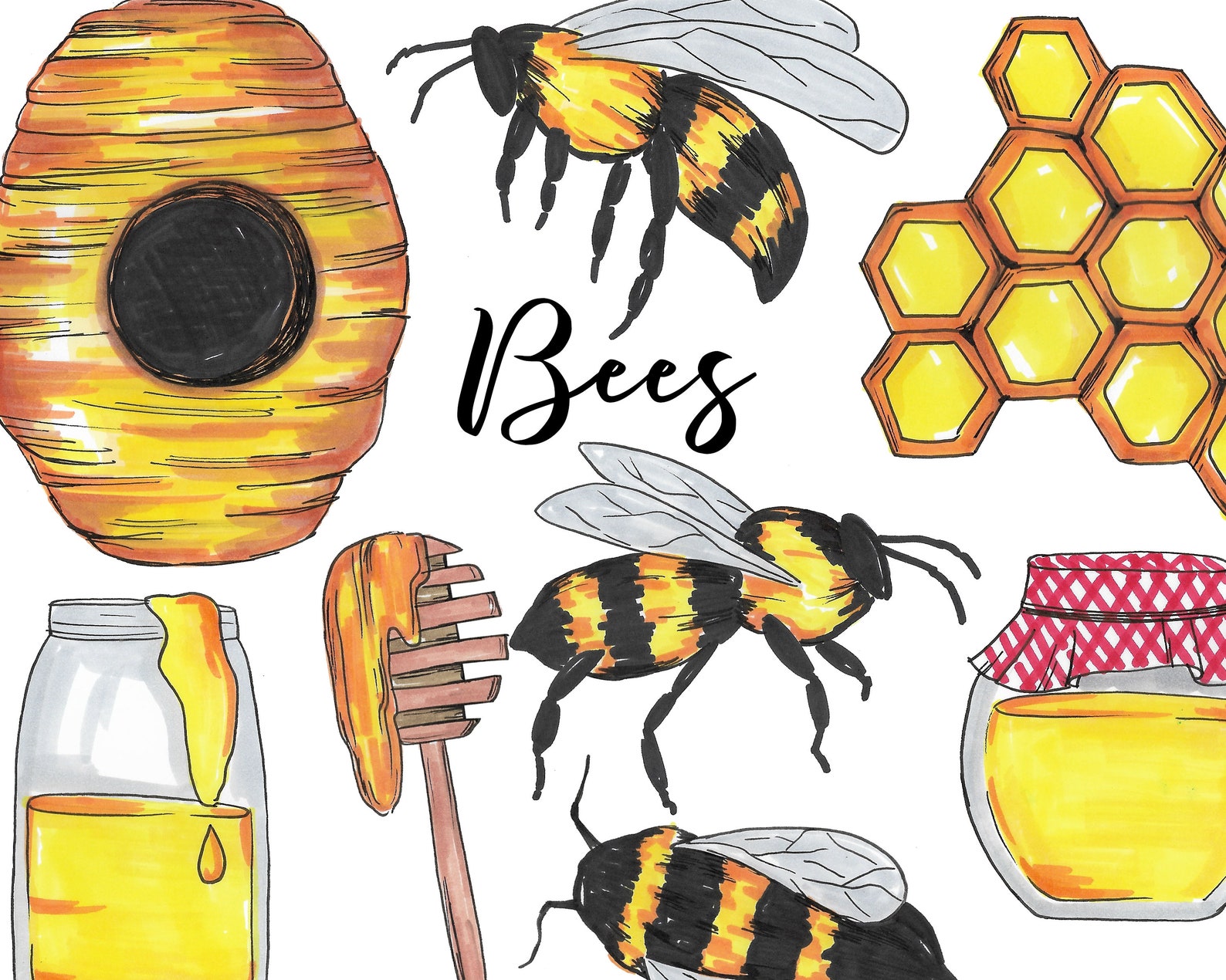 Bienen Aquarell Handgemalt Digitale Insekten Honigbienen | Etsy