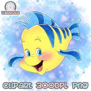 May include: A cartoon illustration of a yellow fish with blue fins and stripes. The fish has a big smile and is set against a blue watercolor background with white stars.