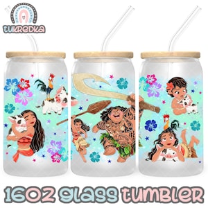 Principessa Moana Maui Heihei Cup PNG File DOWNLOAD DIGITALE Design del bicchiere in vetro da 16 once, involucro per tazza Libby da 16 once