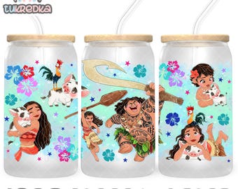 Princess Moana Maui Heihei Cup PNG File DIGITAL DOWNLOAD 16oz Glass Tumbler Design, 16oz Libby Cup Wrap