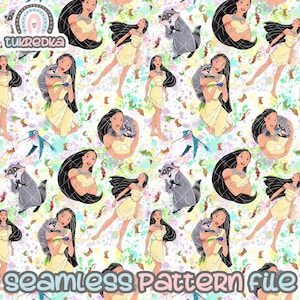 Może przedstawiać: Bezszwowy wzór z kreskówkowymi ilustracjami kobiety w żółtej sukience, szopa pracza i kolibra. Wzór zawiera tekst "seamless pattern file". Tło jest białe z kolorowymi plamami farby.