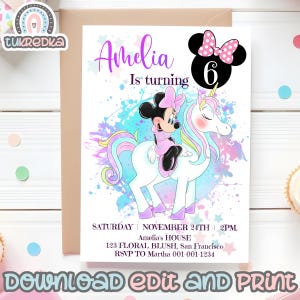 Birthday Invitation Editable Minnie Unicorn, Birthday Rainbow Party, Mickey Mouse and Friends Kids Carte Invite Instant Download M001