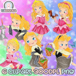 Peut inclure: Ensemble de cliparts numériques représentant six illustrations d'une princesse aux cheveux blonds et aux yeux bleus. La princesse est représentée dans diverses poses, portant des robes roses et noires, et tenant un panier, un écureuil et un lapin. Le texte "6 Clipart 300DPI Png" est en bas.