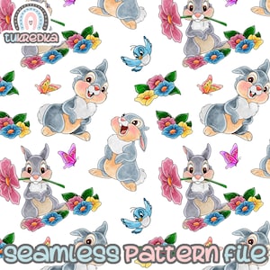 May include: A seamless pattern featuring a cute cartoon bunny rabbit with blue eyes and a pink nose. The bunny is surrounded by flowers, butterflies, and birds. The pattern is perfect for fabric, wallpaper, or other creative projects.