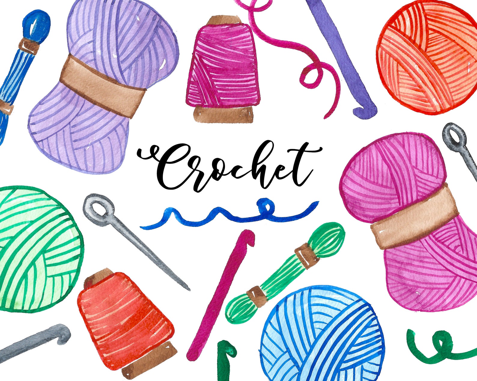 Crochet Clipart Watercolor Handpainted Digital Clipart Etsy