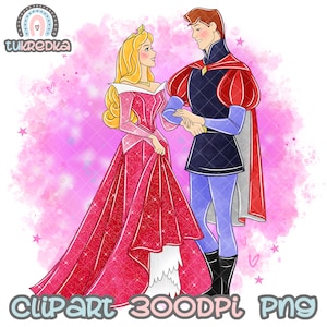 May include: A digital illustration of a prince and princess in a romantic pose. The princess is wearing a pink and red gown with a white petticoat. The prince is wearing a blue and red suit with a red cape. The background is a pink watercolor wash with white stars.