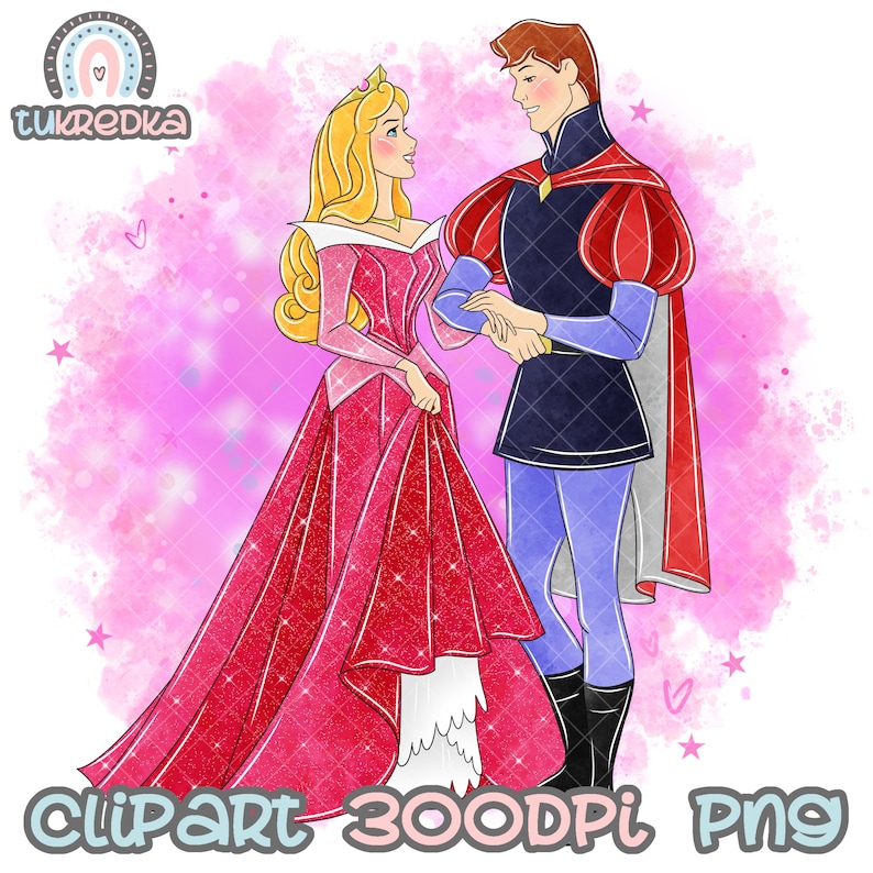 May include: A digital illustration of a prince and princess in a romantic pose. The princess is wearing a pink and red gown with a white petticoat. The prince is wearing a blue and red suit with a red cape. The background is a pink watercolor wash with white stars.