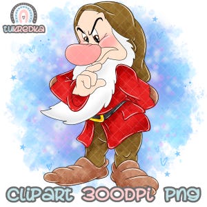 Puede incluir: Un enano de dibujos animados de aspecto gruñón con barba blanca y ropa roja y marrón. Está de pie con los brazos cruzados y tiene el ceño fruncido.