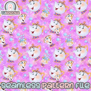 Princess Mrs Teapots & Chip Clipart, Beauty And The Beast Seamless Pattern, Digital Paper Background Download JPG