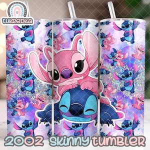 May include: A 20oz skinny tumbler featuring a pink and blue Stitch and Angel design. The tumbler has a glitter background with a purple and blue ombre effect. The design shows Stitch and Angel holding hearts.