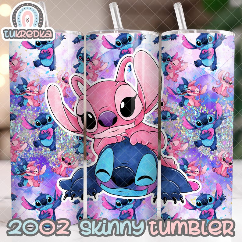 May include: A 20oz skinny tumbler featuring a pink and blue Stitch and Angel design. The tumbler has a glitter background with a purple and blue ombre effect. The design shows Stitch and Angel holding hearts.
