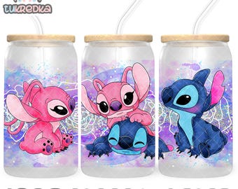 Stitch and Angel Cup PNG File DIGITAL DOWNLOAD 16oz Glass Tumbler Design, 16oz Libby Cup Wrap