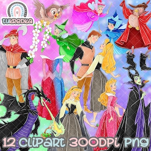 Op de afbeelding: Een digitale clipartset met personages uit het klassieke sprookje Doornroosje. De set bevat Doornroosje, Prins Philip, Maleficent, Flora, Fauna, Merryweather en de drie feeën. De personages zijn afgebeeld in een speelse stijl met aquarelachtige texturen. De set is perfect voor het maken van digitale knutselwerken, scrapbooking en andere creatieve projecten.