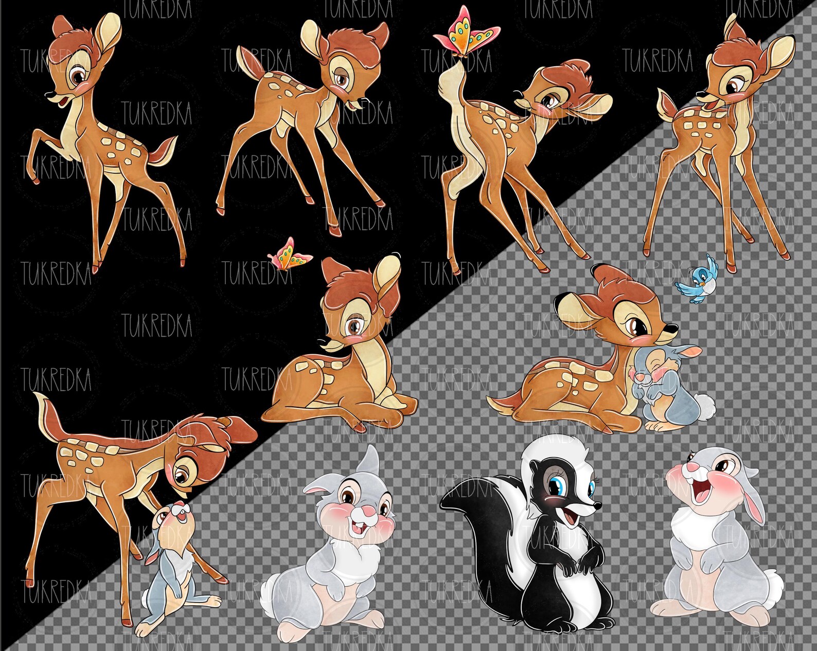 Set of Bambi and Thumper Rabbit Cute Clip Art PNG, Cartoon Clipart ...