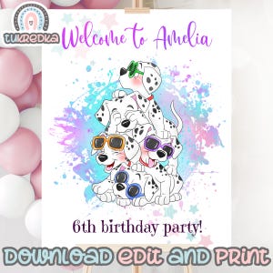 Birthday Welcome Sign Editable 101 Dalmatians Dog Birthday Rainbow Party, Kids Carte Instant Download M002