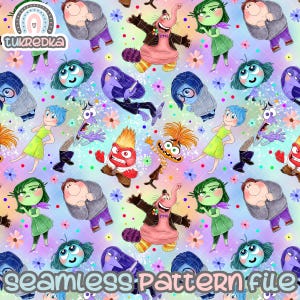 May include: A seamless pattern featuring characters from the animated film Inside Out. The characters are Joy, Sadness, Anger, Fear, and Disgust. The background is a rainbow gradient with glitter and flowers.