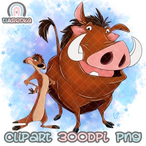 May include: A cartoon illustration of Pumbaa the warthog and Timon the meerkat from Disney's The Lion King. Pumbaa is brown with a pink snout and tusks. Timon is a tan meerkat with a red stripe on his head. The background is a light blue watercolor wash with white stars.