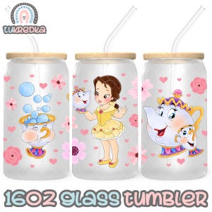 Teteras y taza de La Bella y la Bestia de Belle Mrs. Chip Archivo PNG DESCARGA DIGITAL Diseño de vaso de vidrio de 16 oz, envoltura de taza Libby de 16 oz