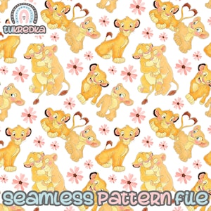 May include: A seamless pattern featuring cartoon images of Simba and Nala from The Lion King. The pattern is on a white background with pink flowers. The characters are in various poses, including hugging, standing, and sitting. The pattern is perfect for fabric, wallpaper, or other creative projects.