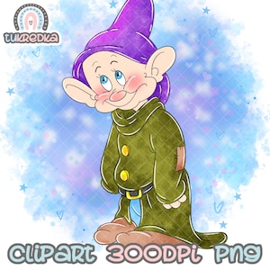 May include: A cartoon illustration of a dwarf with a purple hat and green coat. He has a friendly expression and is standing on a blue and white watercolor background.
