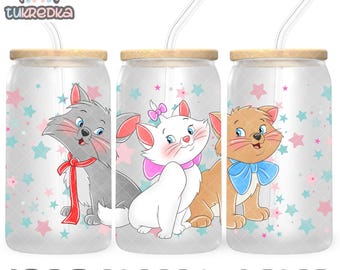 Archivo PNG de taza de gatito de Los Aristogatos, descarga digital, diseño de vaso de vidrio de 16 oz, envoltura de taza Libby de 16 oz
