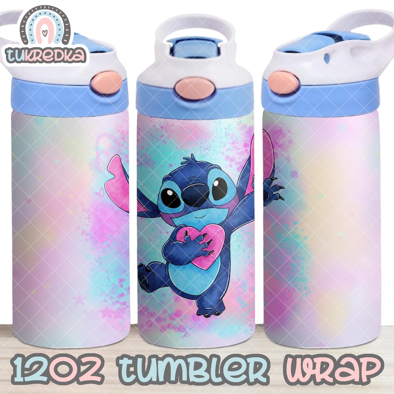 May include: A 12oz tumbler wrap featuring a blue Stitch character holding a pink heart on a pastel pink, blue, and yellow watercolor background.