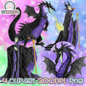 Może przedstawiać: Cztery cyfrowe obrazy clipart Maleficent z filmu Disneya Śpiąca Królewna. Obrazy przedstawiają Maleficent w jej ikonicznej fioletowej i czarnej sukni, z jej postacią smoka i krukiem. Obrazy są w stylu akwarelowym z różowym, niebieskim i zielonym tłem.