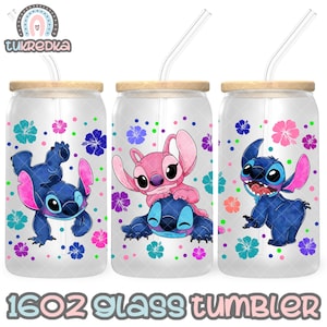 Stitch and Angel Cup PNG File DIGITAL DOWNLOAD 16oz Glass Tumbler Design, 16oz Libby Cup Wrap