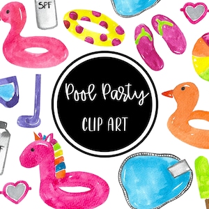 Pool Party Clip Art Watercolor Handpainted Digital Clipart Summer Glass Cards Download Free Commercial Use PNG