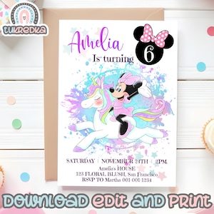 Geburtstagseinladung Editierbar Minnie Einhorn, Geburtstag Regenbogen Party, Mickey Mouse und Freunde Kinderkarte Einladung Sofort Download M001
